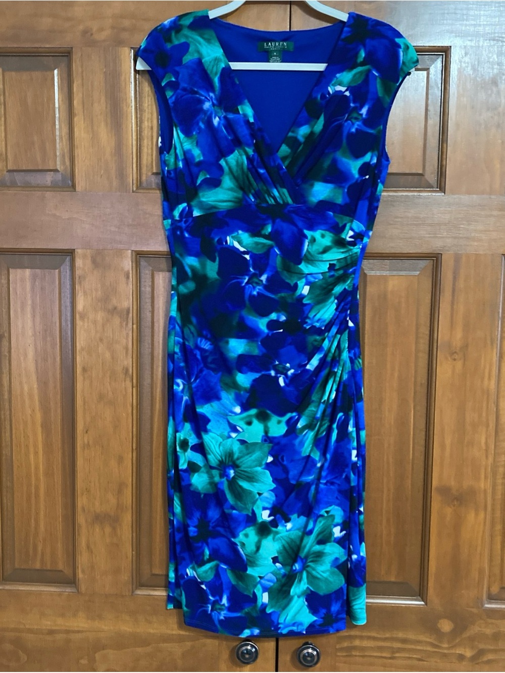 Lauren Ralph Lauren Blue & Green Floral Faux-Wrap sheath Dress women’s size 4